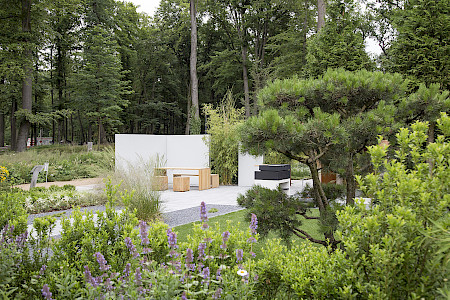 Ausstellungsgarten auf der Landesgartenschau in Bad Lippsringe mit Sichtschutzwänden, dekorativer Kiefer in Rasenfläche und Staudenpflanzung.