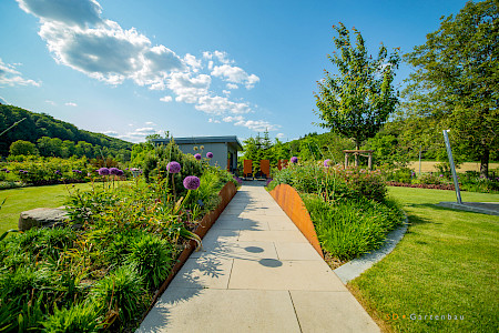 Gartenweg in Borchen aus großformatigen Betonplatten, individuellen Stützwänden aus Cortenstahl und Staudenbepflanzung mit Kirschbaum.