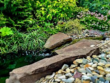 Quellbereich aus Grauwackefindlingen im Mustergarten in Lichtenau mit einer Bepflanzung aus Sträuchern und Gräsern.