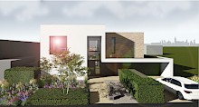 3D-Visualisierung eines modernen Vorgartens mit Eingangsbereich und Einfahrt. Prägende Elemente sind die formalen Hecken und der schirmförmige Solitärstrauch, begleitet von einer intensiven Staudenbepflanzung.