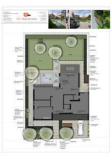 Entwurf für einen modernen Garten in Paderbron mit einem formalen Teich und mehrstämmigen Solitärgehölzen als prägende Elemente.