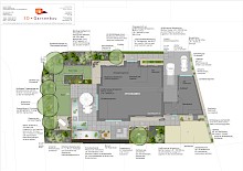 Entwurf für den Garten eines Neubaues mit Wasserebecken und diversen Sitzgelegenheiten.