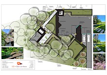 Entwurf eines Gartens in Warburg mit einem großen Wasserbecken, dass im 45 Grad-Winkel im Garten liegt und anhand dessen, die weiteren Formen für Terrasse und Rasen ausgerichtet wurden.
