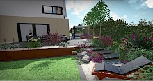 Perspektive einer Gartenplanung mit Darstellung des unteren Sitzplatzes und der höher liegenden Hauptterrasse.