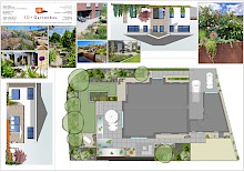 Vorentwurf eines Hausgartens inklusive Collage und Ansichten des Eingangs und der Terrasse.