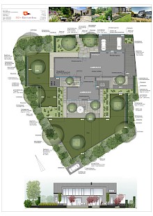 Vorentwurf mit Ansicht eines Gartens in Brakel mit, welche von geometrischen Formen geprägt ist. Zentrales Element ist die großzügige Terrasse mit weitläufiger Rasenfläche.