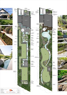 Vorentwürfe eines schlauchförmigen Gartens mit einem Wasserlauf und einem großen Teich als gestalterisches Hauptelement.